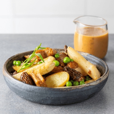 Vegetarisch Lentestoofpotje met asperges en morilles